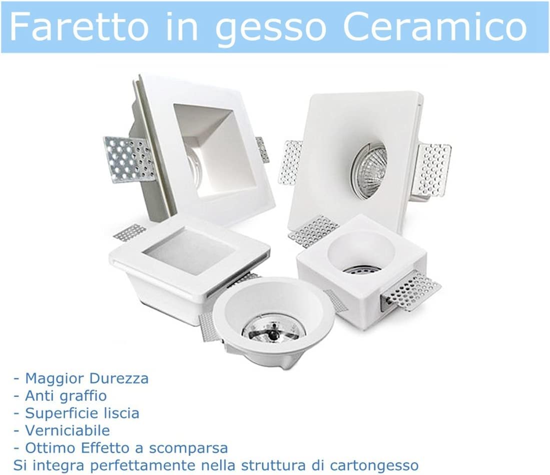 Eurekaled - 5pz Portafaretto in Gesso CERAMICO, Faretto Quadrato conico da Incasso con attacco GU10 Verniciabile per Controsoffitti