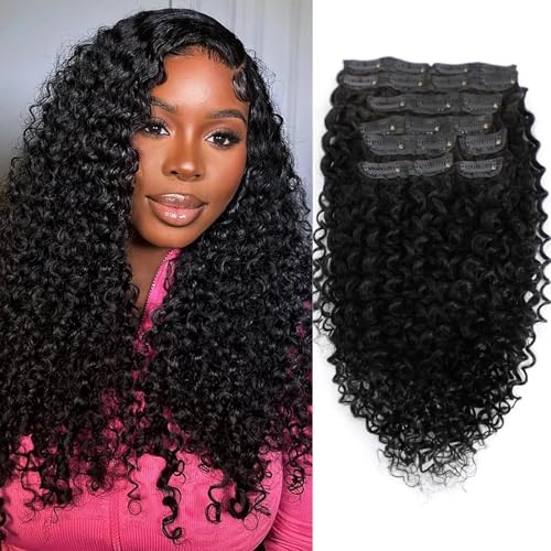 16 Inch Kinky Curly Clip ins Human Hair 110g 8pcs 20 Clips 3C 4A Curly Clip In Hair Extensions Real Human Hair Brazilian Virgin Hair Full Head for Women Natural Black