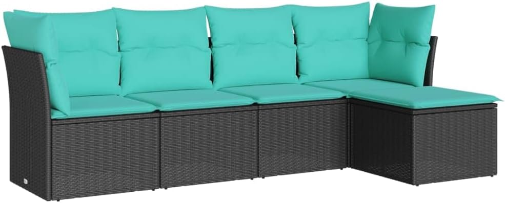 vidaXL Outdoor Patio Sofa Set 5-Piece - Black Poly Rattan and Powder-Coated Steel Frame with Blue Cushions - Modular Design, 24.4" x 27.2" Center/Corner Seat - Weather- for Garden/Backyard/Deck Lounge