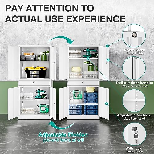 Image of SISESOL White Metal Storage Cabinet with Drawer and Locks,Garage Storage Cabinet with Locking Doors and Adjustable Shelves,71 inch Tall Large Metal Cabinets with Magnetic Door for Home,Office,Garage