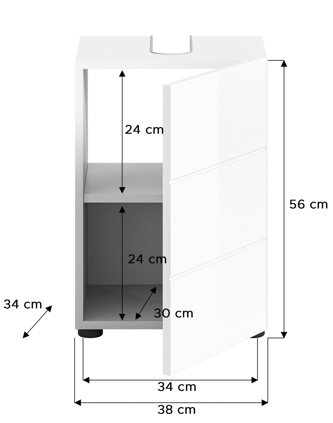 xonox.home - Waschbeckenunterschrank Vira 38x56x34 cm in weiß Hochglanz Tiefziehfront - Unterschrank Waschtischunterschrank Badezimmerunterschrank - praktisch für Gästebäder oder kleine Badezimmer