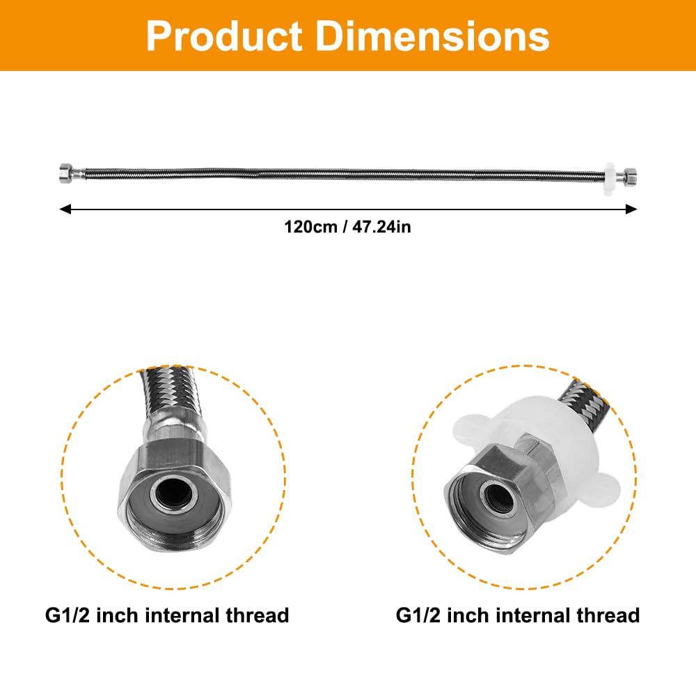 1 Pezzi Inossidabile Intrecciato Per Rubinetto G1/2, Connettore In Acciaio Inossidabile Intrecciato, G1/2-G1/2 Tubi Di Collegamento Lunghi 1.2m pour Scaldabagni, WC, Rubinetti Per Cucina E Bagno