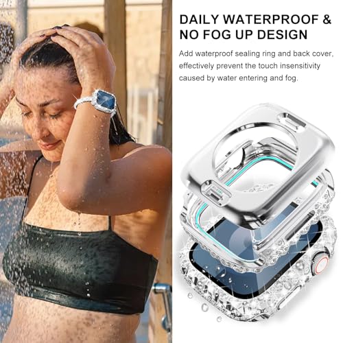 WINGLE Compatible with Apple Watch Bands 45mm for Women Series 9 8 7, Bling Diamond Rhinestone Link Bracelets with 2 in 1 Waterproof Bling Case Lace Edge Diamond Protector Face Cover, Silver by WINGLE - Used condition - Image 4