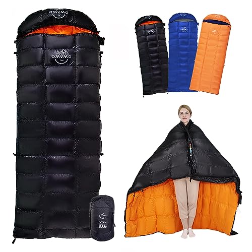 OMVMO 0 Degrees F 800 Fill Power Down Sleeping Bag for Adults,Lightweight 4 Season Envelope Rectangle Down Sleeping Bag for Backpacking Camping,Black Right-Zipper Long