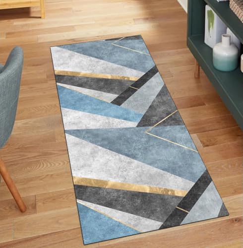 Alfombra de pasillo patchwork gris y azul, poliéster lavable de 80 x 160 cm 2