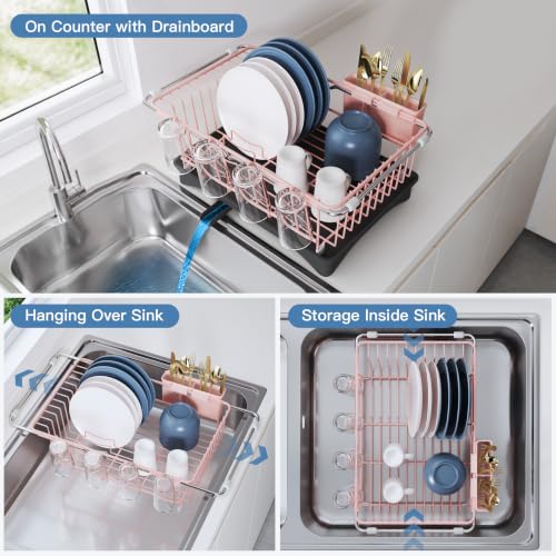 Image of JASIWAY Pink Dish Drying Rack in Sink with Drainboard and Utensil Holder