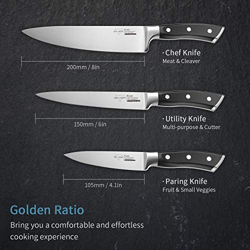 SKY LIGHT Kitchen Knives Set Chef knives Set - Chef Knife Utility Knife Paring Knife German High Carbon Stainless Steel Floged Blade Ergonomic Handle Cooks Knives