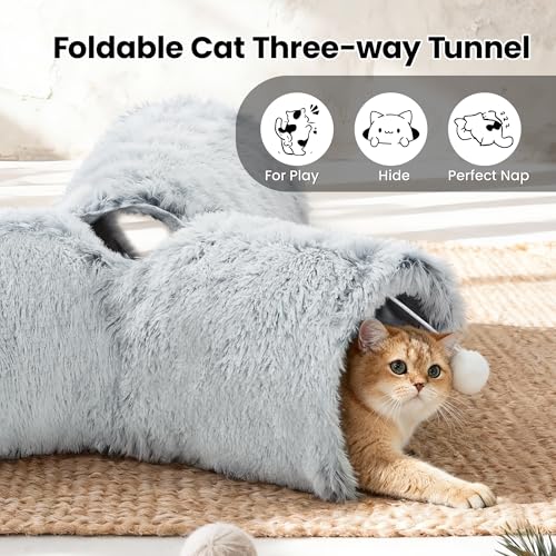 Image of Tempcore Plush Cat Tunnel for Indoor Cats, 3 Way Collapsible Pet Play Tunnel with Teaser Wand, Peek Holes & Hanging Ball, Interactive Tube for Kittens & Rabbits, Light Grey