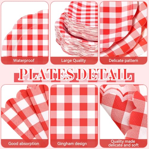 Image of Funnymoom 452 Pcs Red Gingham Party Supplies for 50, Red and White Gingham Checkered Paper Plates Napkins Cups Tablecloth Cutlery Straws for Birthday Family Picnic Camping Barbecue Party Decoration
