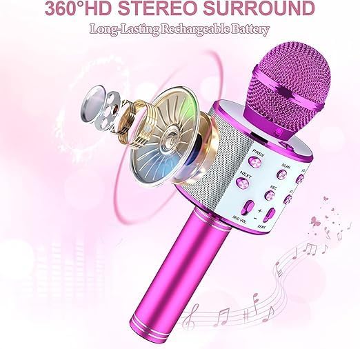 Image of VRJTEC Wireless Karaoke Microphone with Speaker | 2-in-1 Bluetooth Mic, Audio Recording, Continuous Play, USB Charging, Card Slot & AUX Port (Pink & Silver)
