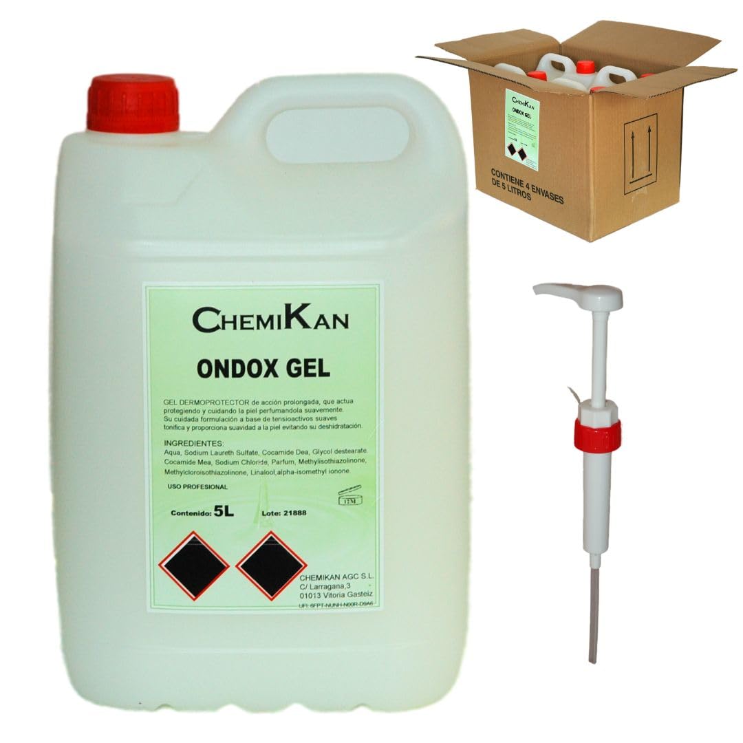 Ondox Gel| Jabón de manos 5 litros Industrial |Gel dermoprotector |Jabón para uso profesional, caja de 4 garrafas de 5l + Dosificador