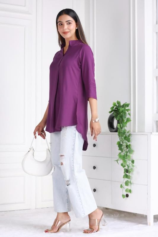 Image of Mlada Rayon Flare Top for Women | 3 /4th Sleeve Regular Fit and Flare Top | Women Office Tops Tunic | Western Long Shirt Top for Women | Shirt Collar Top for Women | Rayon Tunic Tops for Women Western