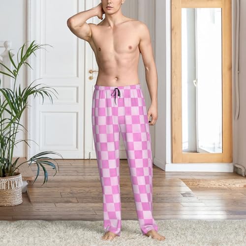 Mens Pajama Pants - Pink Checker Print Soft Sleep Lounge Pants For Men, Casual Pj Bottoms With Pockets2