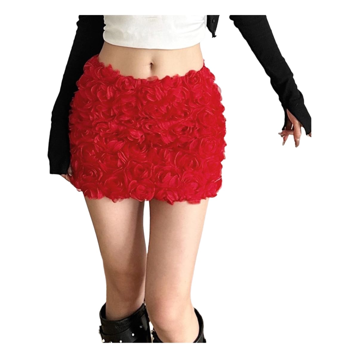 Mini jupe rouge 3D floral pour briller en soirée et tenue de rue branchée