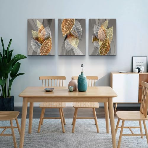 DZRWUBHS Abstract Leaves Wall Paintings - Artwork Inspiration for Living Room, Bedroom, Kitchen & Office - 3 Piece Canvas Wall Art