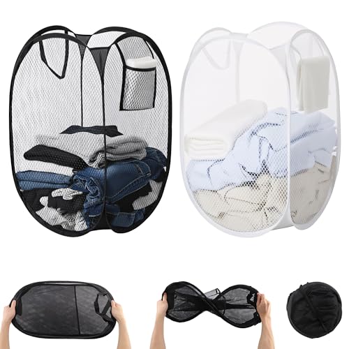 Lot de 2 paniers à linge pop-up avec anse - Grand panier à linge pliable - Sac à linge pliable flexible - Camping - Panier à linge pliable - Panier à linge pliable - Respirant