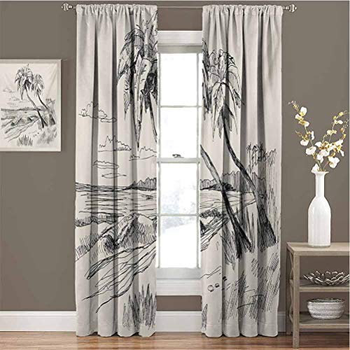 Palm Tree All Season Insulation Sketch of Coconut Palm Tree on Sandy Tropical Beach Exotic Oceanside View Print Noise Reduction Curtain Panel Living Room W84 x L96 Inch Cream Black