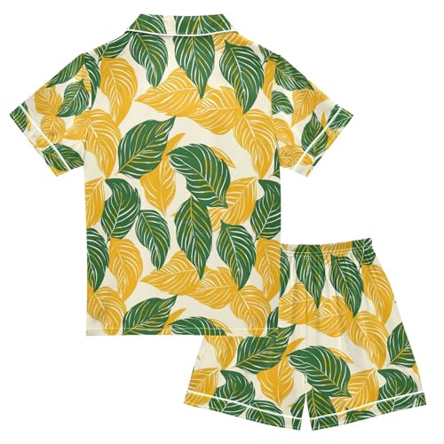 senya Yellow Leaf Satin Summer Pajama Sets Silk Short Sleeve Button Down Sleepwear2