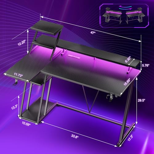 Image of Korfile 47 Inch Gaming Desk with LED Lights & Power Outlet, L Shaped Computer Desk with Storage Shelves, Gamer Workstations with Monitor Stand for Bedroom, Carbon Fiber Black