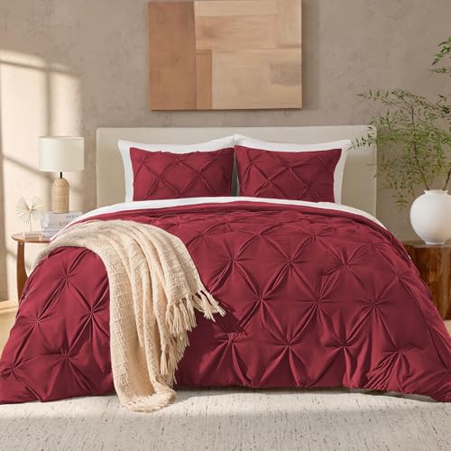 Image of Andency Full Pinch Pleat Comforter Set (79 inchx90 inch),3 Piece Lightweight Pintuck Bedding Comforters & Sets, Fluffy Down Alternative Comforter with 2 Pillow Shams for All Season,Burgundy
