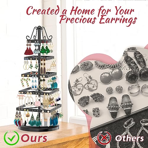 Image of MODOWEY 5 Tiers Metal Rotating Earring Holder Organizer Tree Spinning Display Stand Rack for Women, 220 Holes Adjustable Large Storage for Stud Dangle Hoop, Find Your Earrings at a Glance, Black