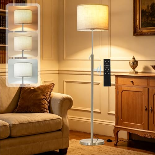 Image of Floor Lamp for Living Room - Tall Standing Lamps for Bedroom Silver Modern 55"-67" Height Adjustable - Stepless Dimmable Color Temperature Standard Lights with Shade and Remote Control - Bulb Included