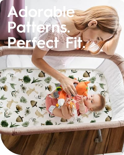Image of Pack N Play Sheets Fitted, TotBasic Ultra Soft Mini Crib Sheets Safari, Premium Jersey Knit Pack and Play Sheets Neutral, Stretchy Play Yard Sheets for Pack and Play Mattress, 2 Pack (Rabbit Giraff)