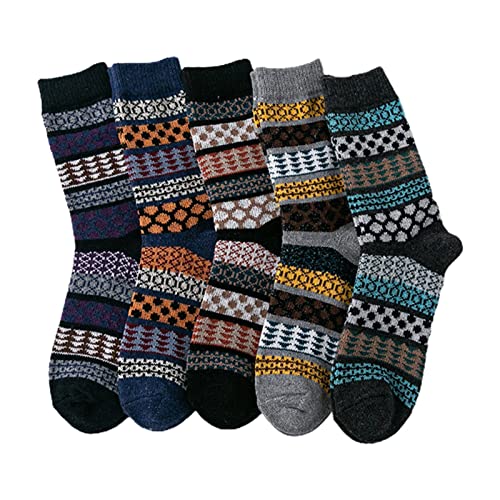 Oxtxuzdm 5 pares de calcetines étnicos vintage con estampado de rayas coloridas para invierno, suaves, cálidos, gruesos, de lana sintética, calcetines de vestir para hombre, a, F