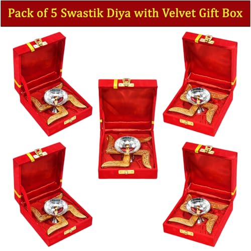 Image of Saugat Traders Corporate Gifts for Diwali Combo Pack of 5 - Metal Swastik Diya with Box Gift for Clients, Office Employees, Family, Friends - Religious Return Gifts Bulk Wedding Favours