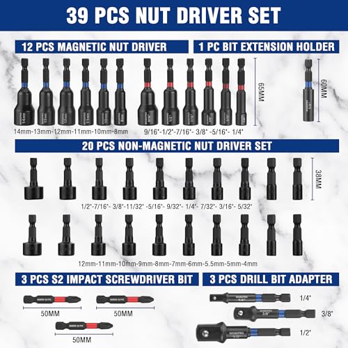 Image of WORKPRO 39-Piece Magnetic Nut Driver Set, Impact Drill Driver Bit 1 /4 inch Hex Shank, SAE & Metric Cr-V Steel Power Nut Drivers with Impact Socket Adapters, Screwdriver Bits, Bit Holder, Sturdy Tool Box