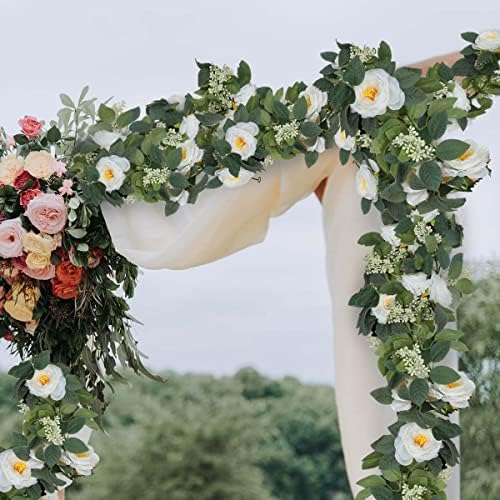 CiCiwind Artificial Rose Vines 2 Pack 3.8m/12.46ft Fake Silk White Flower Garland for Wedding Party Festival Decorate Balcony Bedrooms Windowsills Arches Shelves Artificial Rose Garland Art Decor