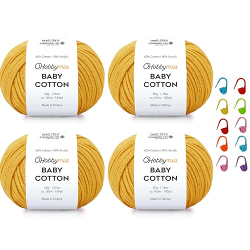 Image of Baby Cotton Blend Yarn - Soft Sport Weight Yarn for Crochet & Amigurumi - 50g /180yds - 60% Cotton 40% Acrylic - Ideal for Baby & Knitting Proj. & 10 Stitch Markers(Saffron Orange, 4 Balls)