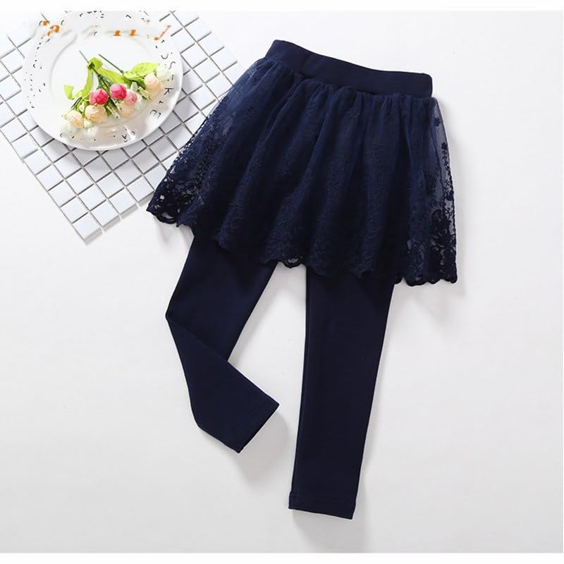 BGMINGYI Baby Girls Footless Leggins with Tutu Ruffle Lace Flower Skirt Toddler Cotton Pantskirt(US, Age, 6 Years, 7 Years, Navy Blue)