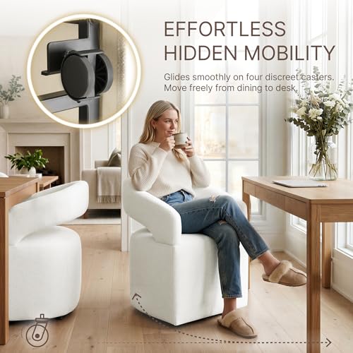 Image of KISLOT Upholstered Dining Chairs Set of 4, Modern Arm Kitchen & Dining Room Chairs with Hidden Casters, Linen Fabric Padded Rolling Chairs, Sturdy Wood Frame, 300 lbs Capacity, Ivory White