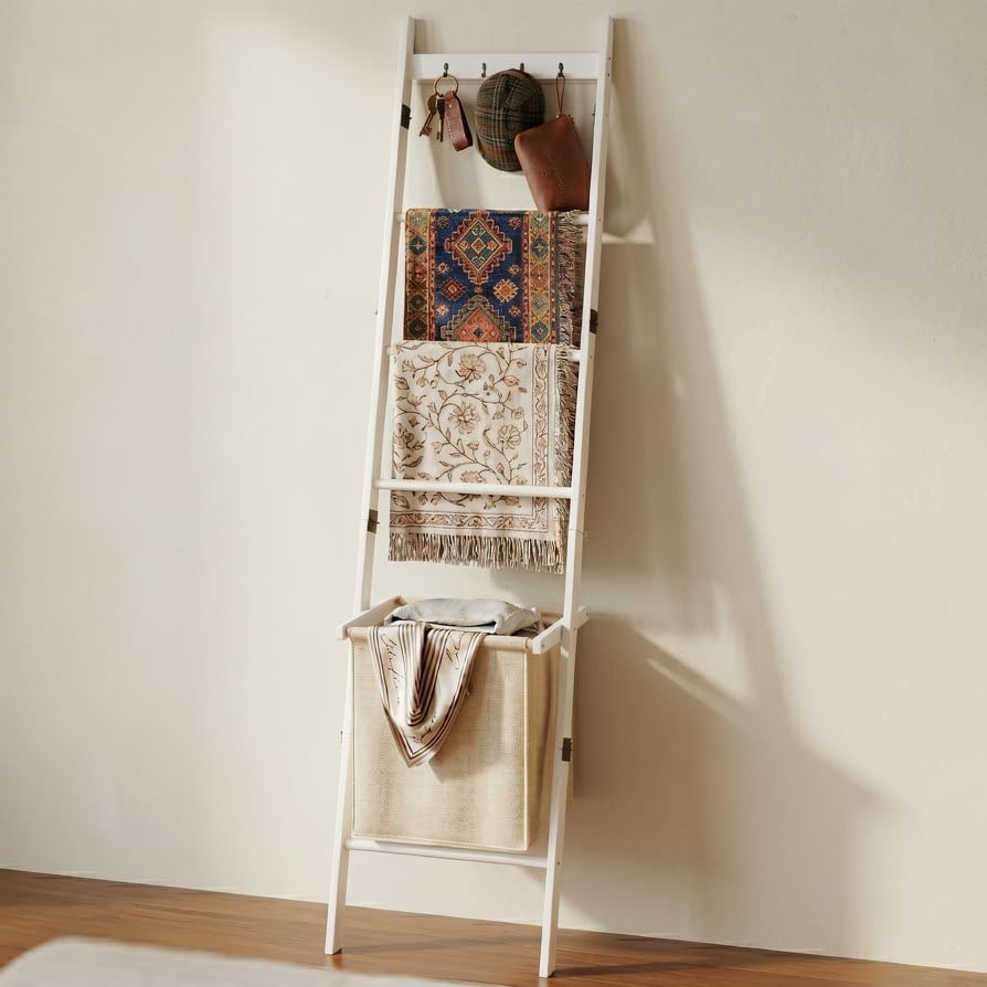 BAMBANG Blanket Ladder with Basket, 5- Tier Blanket Quilt Holder Ladder Towel Rack with 4 Hooks for Living Room, Wall Leaning Decorative Ladder Shelf with Storage Hamper, Bamboo White