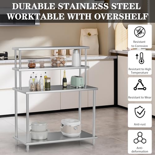 Stainless Steel Work Table with Overshelves, 48 x 24 Inch Heavy Duty Kitchen Prep Table with Adjustable Shelf for Commercial Restaurant, Warehouse, Garage