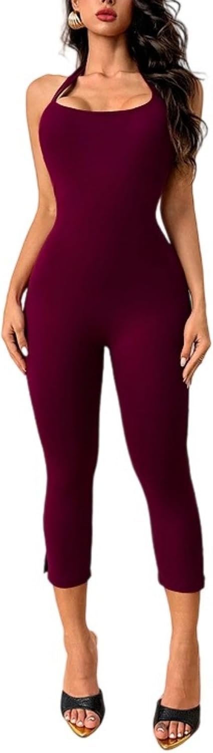 Backless Halter Neck Jumpsuit For Women Bodycon Cropped Capri Romper