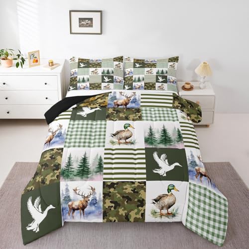 Image of Feelyou Kids Mallard Duck Comforter Set Queen Size, Duck Hunting Bedding Set Green Duck Comforter for Boys Girls Deer Hunting Duvet Insert Bed Set 3Pcs