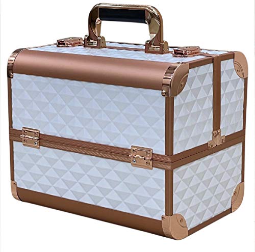 Image of Adson Professional Makeup Box Cosmetics Case Jewelry Organiser Vanity Make Up Storage Box Beauty Train Case Lockable with Keys (White Rose Gold)