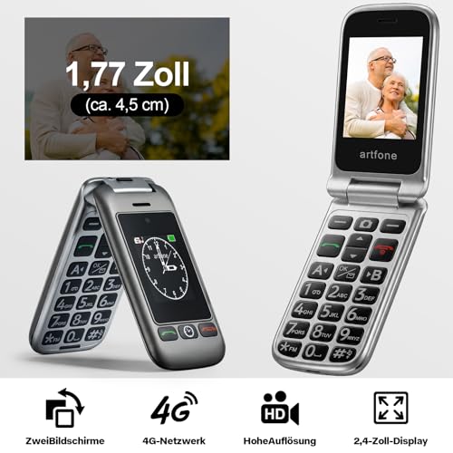 artfone G6 4G Seniorenhandy Klapphandy ohne Vertrag,GSM Großtasten Mobiltelefon SOS Notruffunktion,Taschenlampe,FM Radio,2.4 Zoll Dual Display Handy für Senioren,1300-mAh-Batterie (mit Ladestation)