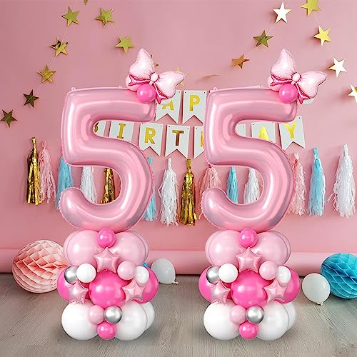 Image of 40 Inch Pink Number 5 Balloon Tower 5th Birthday Decorations for Girls | Large Pastel Baby Hot Pink White Number Five Foil Balloons Stack Set 5 Years Old Princess Fifth Birthday Party Decorations