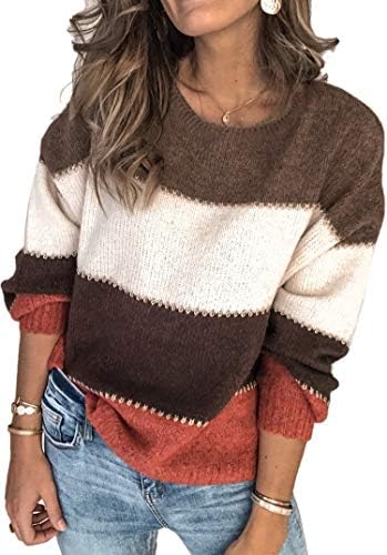 Angashion Women's Sweaters Casual Long Sleeve Crewneck Color Block Patchwork Pullover Knit Sweater Tops Khaki L