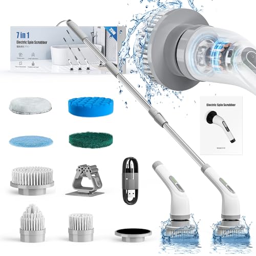 Image of Electric Spin Scrubber Cordless ​Shower Cleaner Bathroom Cleaning Brush Scrubbing with Tool Free Adjustable Extension Arm for Tub Tile Floor and 7 Replaceable Heads for Kitchen Floor (White-Grey)