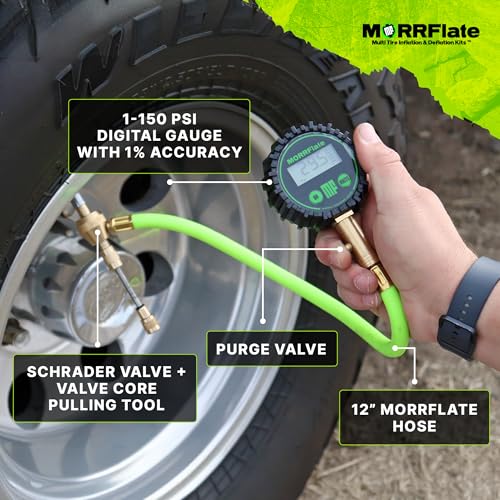 Image of MORRFlate Single Tire Deflator | Rapid Air Deflator with 1-150 PSI Digital Gauge | Includes Purge Valve, 16 Inch Hose, and Rip Away Molle Panel Carrying Case