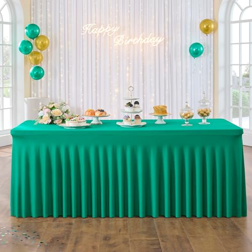 Image of 3 Pack Emerald Green Spandex Tablecloth for 8 Foot Rectangle Tables, Wrinkle Free Fitted Table Cloth Cover 8ft Green Stretchy Tablecloths with Skirt for Parties Weddings Birthday Banquet Baby Shower