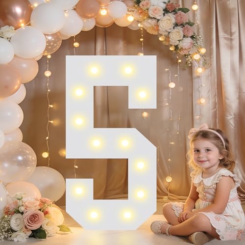 Image of Pooqla 2.4FT Light Up Numbers, Marquee Numbers 2.4 Feet Tall Party Decor for Her Him, Mosaic Big Sign for 5th 15th 50th Birthday Anniversary Decoration Backdrop, Large Pre-Cut Frame Number 5