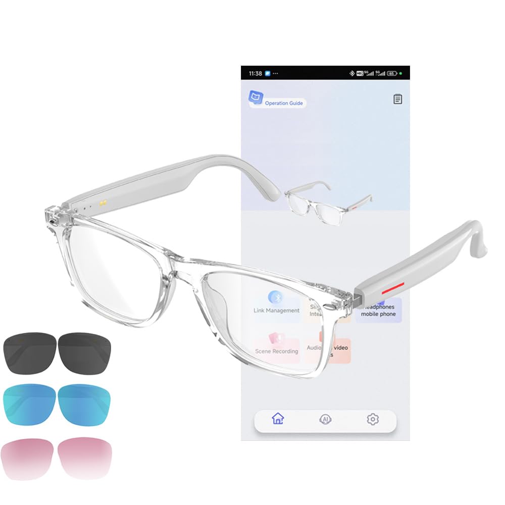 AI Smart Occhiali Uomo/Donna - Bluetooth con traduzione, cancellazione rumori, Filtro Luce Blu & Lenti intercambiabili (Nero/Blu/Rosa) per Ufficio/Outdoor - White
