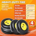 (4 Pack) AR-PRO 4.10/3.50-4" All Purpose Utility Air Tires and yellow Wheel - with 10" Inner Tube, 5/8" Axle Bore Hole, 1 3/4" Offset Hub and Double Sealed Bearings for Hand Trucks and Gorilla Cart