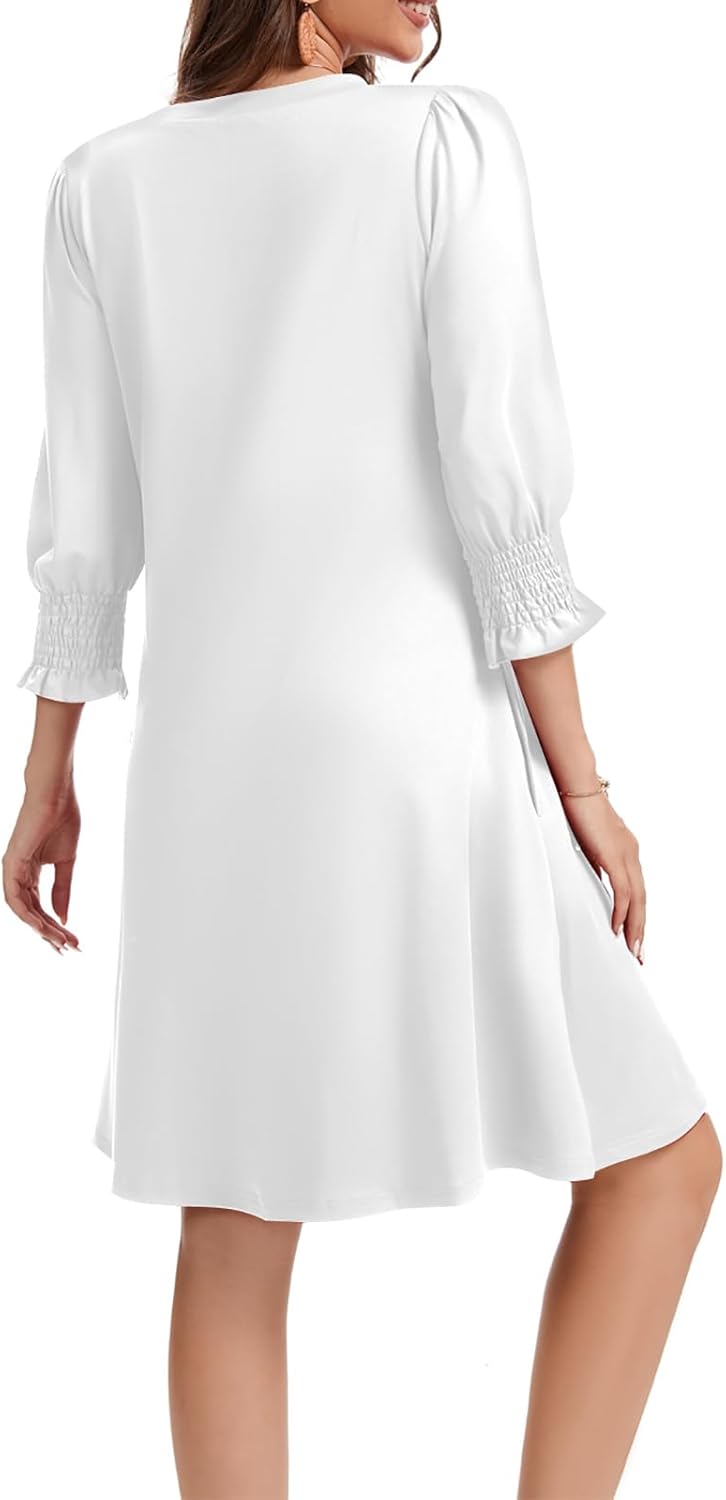 Women's Casual Loose Midi Dress V-Neck Fluffy Sleeves Ruffle Cuffs with Pockets - Image 4