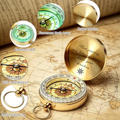 Brújula personalizada de latón con grabado con texto de nombre, portátil, impermeable y luminosa, regalo para hombres, papá, graduación, senderismo y camping miniatura 3